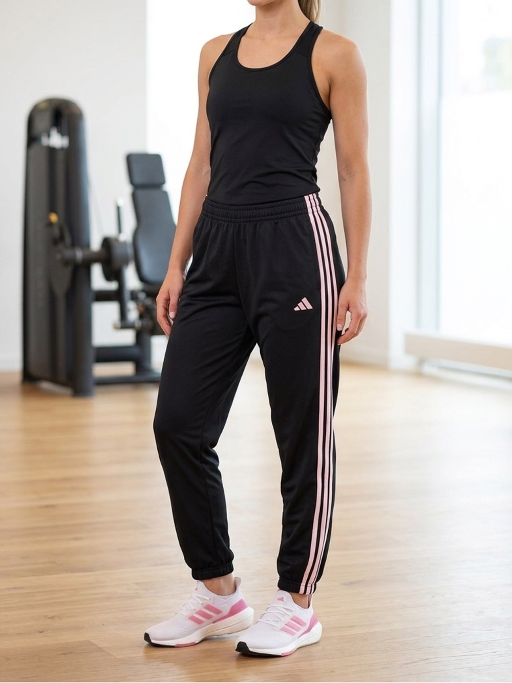 🔥$10 FINAL PRICE🔥 Adidas Three Stripe Jogger Sweatpants Black Light Pink Logo🩷